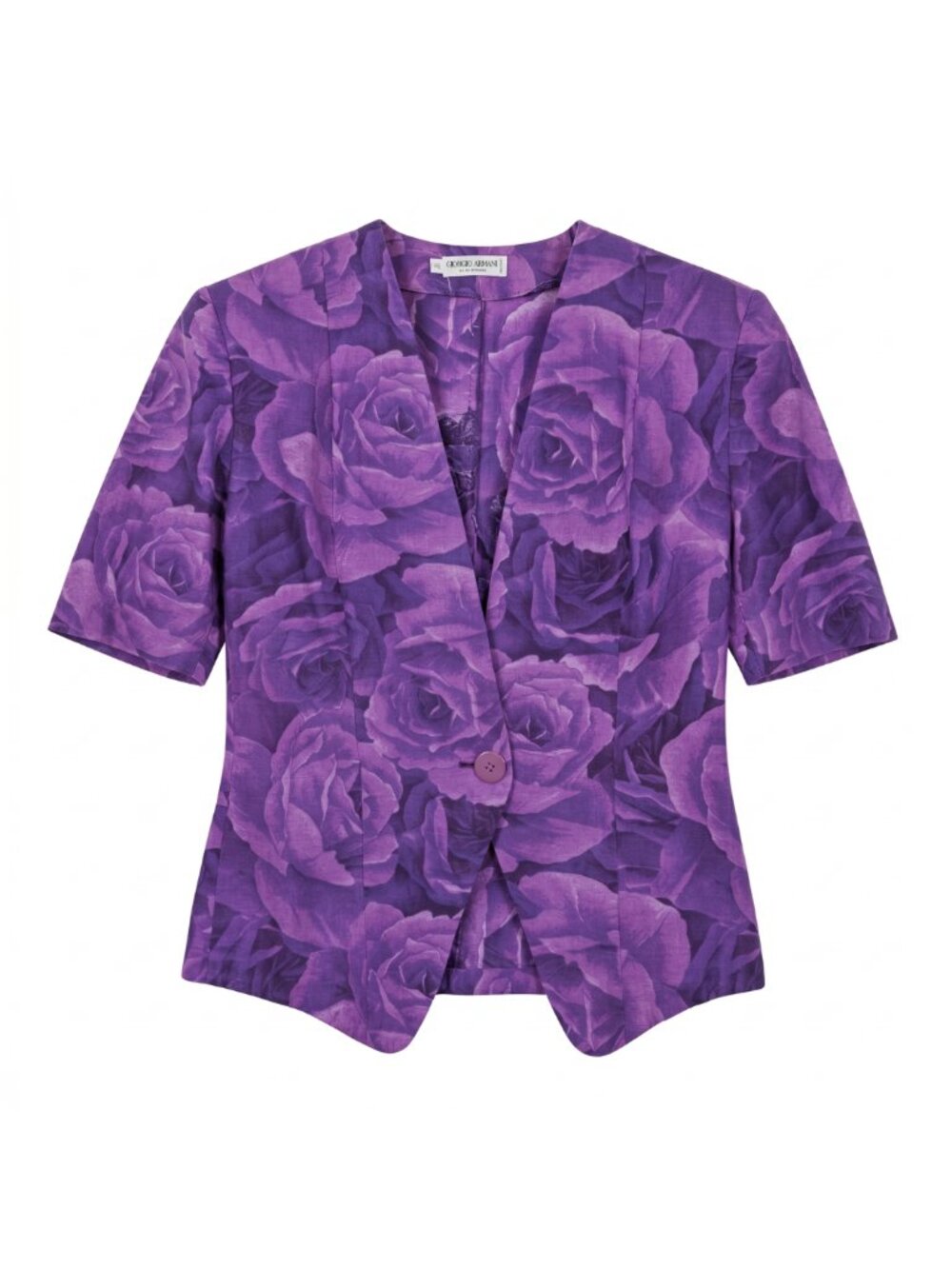Vintage Giorgio Armani Purple Rose Print Short Sleeve Fitted Jacket